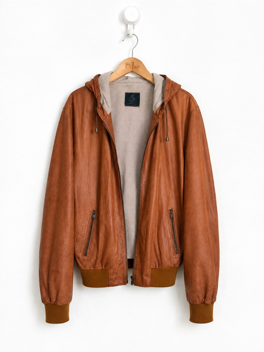 Rick Pallack Collection Cognac Leather Hooded Bomber Jacket Quiet Luxury L